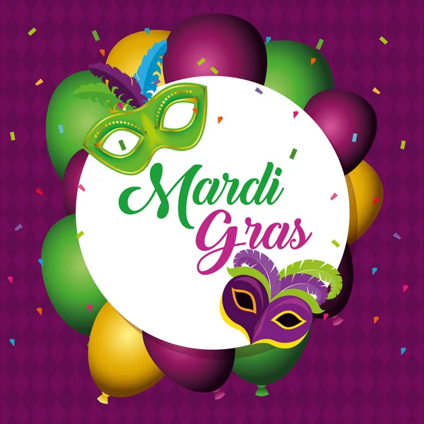 Celebración del mardi gras con globos y emblema de círculo — Archivo Imágenes Vectoriales