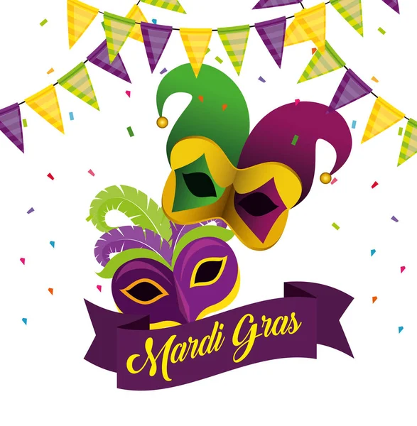 Mardi gras con banner de fiesta y máscaras — Archivo Imágenes Vectoriales