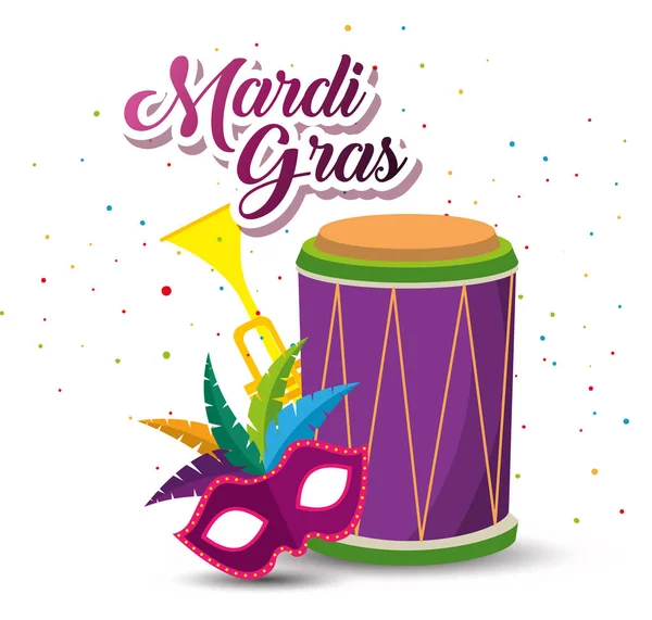 Mardi Gras Con Tambor Trompeta Con Máscara Vector Ilustración — Archivo Imágenes Vectoriales