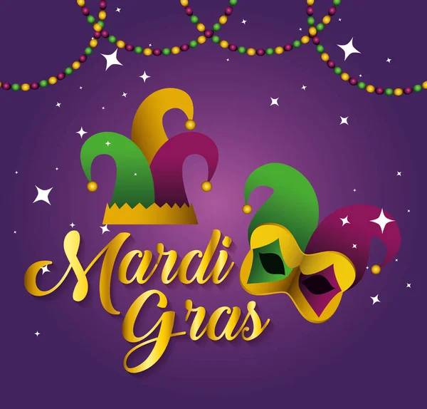 Mardi gras with party hat and mask — Stock Vector