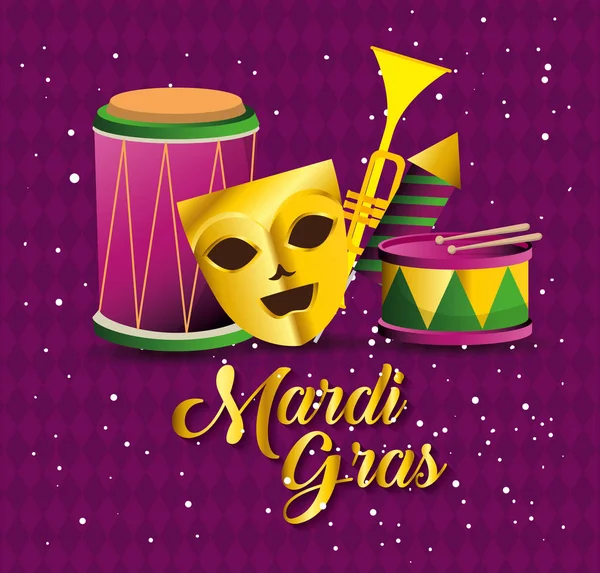 Mardi gras con mascarilla de fiesta e instrumentos — Archivo Imágenes Vectoriales