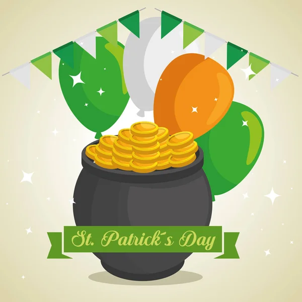 Erster Patrick Day und Hexenkessel mit Münzen und Luftballons — Stockvektor