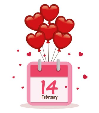 mutlu sevgililer günü kartı Kalp balonlar helyum ve takvim