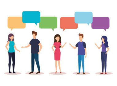 bir grup insan konuşma balonu karakterlerle