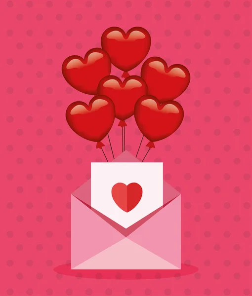 Tarjeta del día de San Valentín con corazones globos helio y sobre — Vector de stock