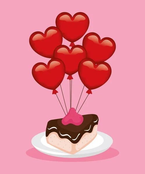 Valentines day card with hearts balloons helium and cake — Stock Vector