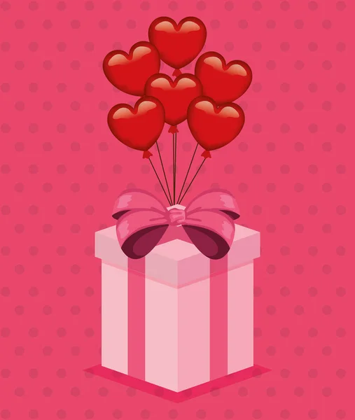 Happy Valentines Tageskarte mit Herzen Luftballons Helium und Geschenk — Stockvektor