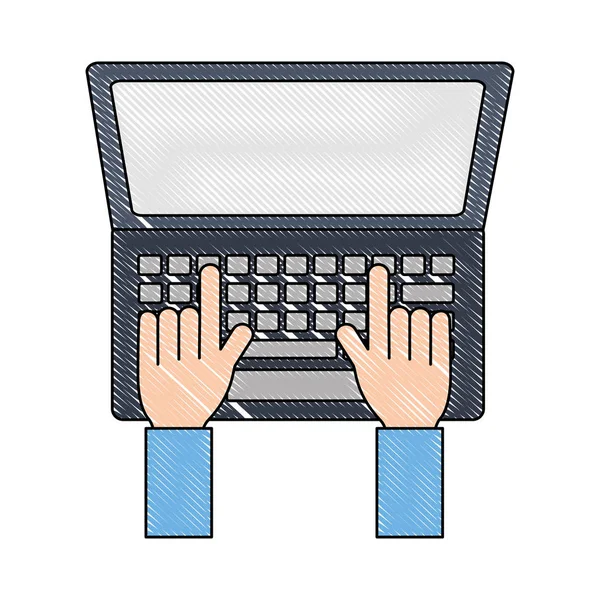 Manos con ordenador portátil icono aislado — Vector de stock