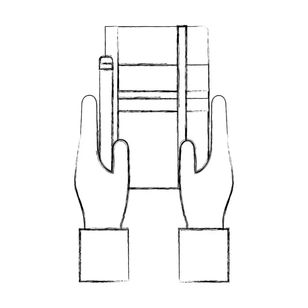 Mains avec journal et crayon icône isolée — Image vectorielle