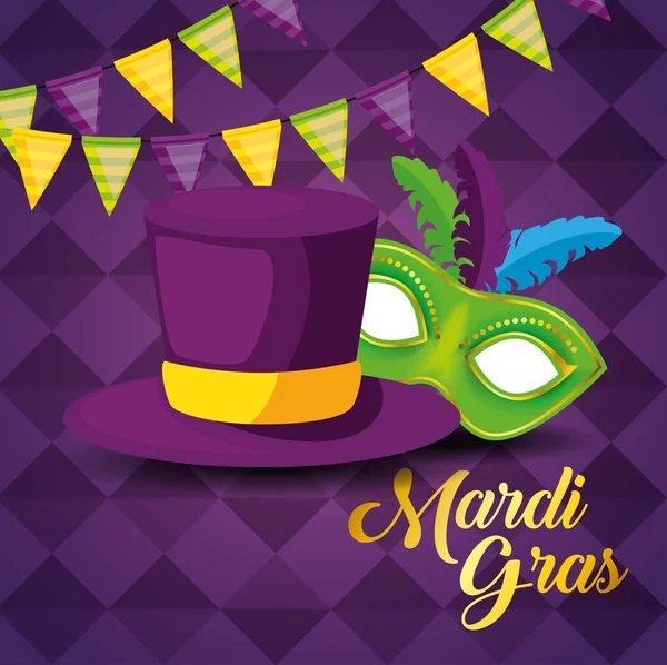 Banner de festa com chapéu e máscara para mardi gras —  Vetores de Stock