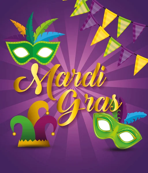Pancarta de fiesta con máscaras y sombrero a mardi gras — Archivo Imágenes Vectoriales