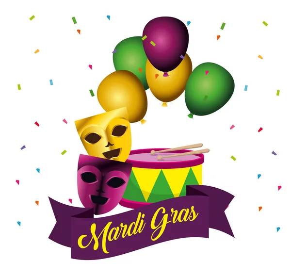 Máscaras de festa com balões e tambor para mardi gras —  Vetores de Stock