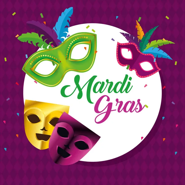 Emblema círculo com máscaras para celebração mardi gras —  Vetores de Stock