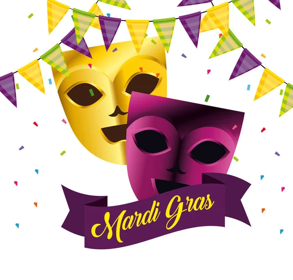 Máscaras con banner de fiesta a las vacaciones de mardi gras — Archivo Imágenes Vectoriales