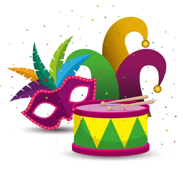 Mardi gras celebration with mask and party hat — Stock Vector