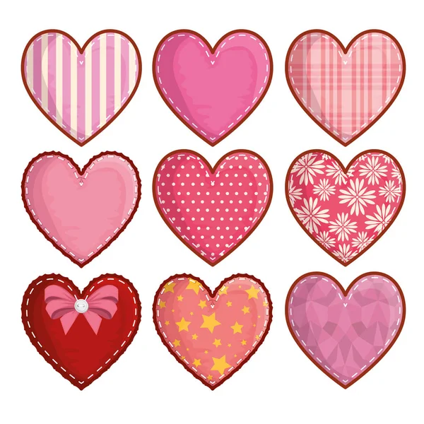 Establecer corazones decoración y símbolo del romance — Vector de stock