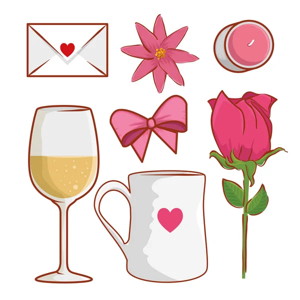 Set tarjeta de amor con rosa planta y flor — Archivo Imágenes Vectoriales