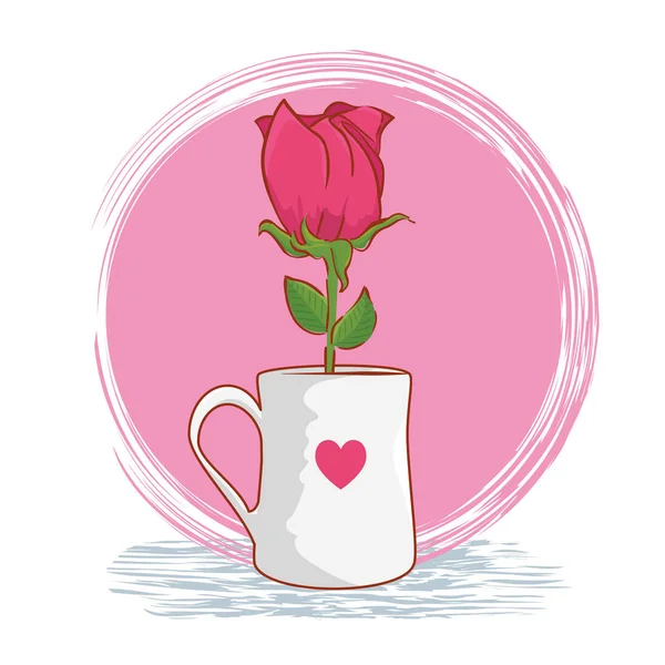 Planta de rosa dentro de la taza con diseño de corazón — Vector de stock