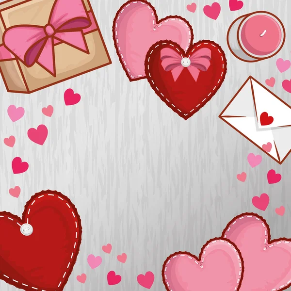 Herzen mit Geschenk und Liebeskarte zum Valentinstag — Stockvektor