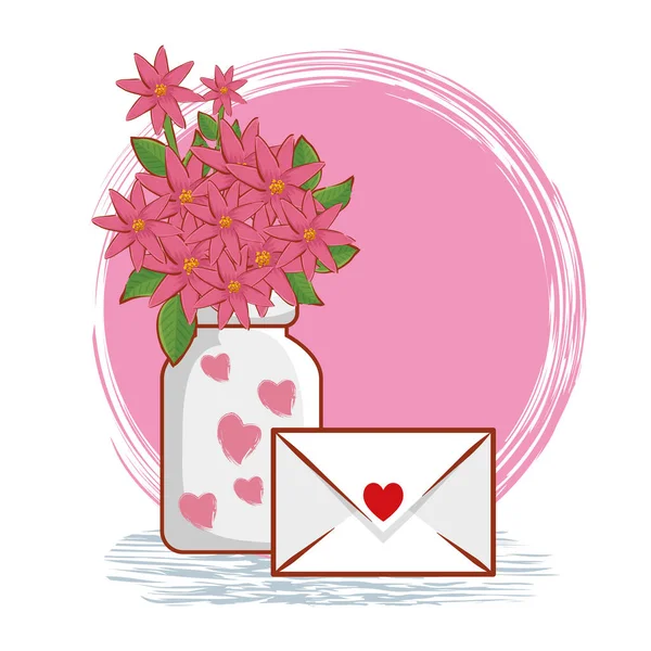 Букет цветов внутри вазы с любовной открыткой — стоковый вектор