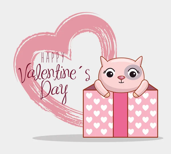 Cat inside present gift with heart to valentine day — Stock Vector