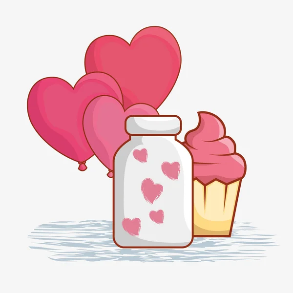 Hearts balloons with vase and muffin to valentines day — Stock Vector
