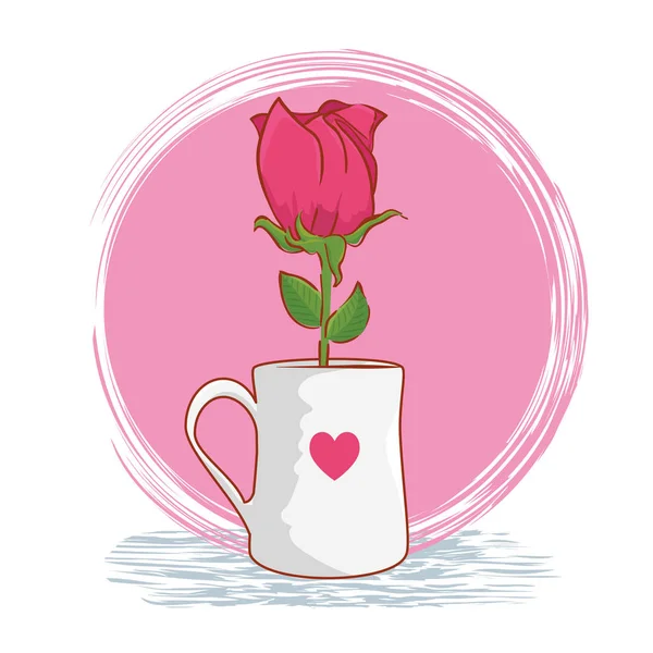 Rose plant inside cup with heart design — Stock Vector