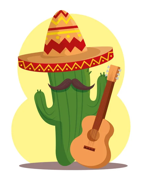 Planta de cactus con sombrero y guitarra al día de los muertos — Vector de stock