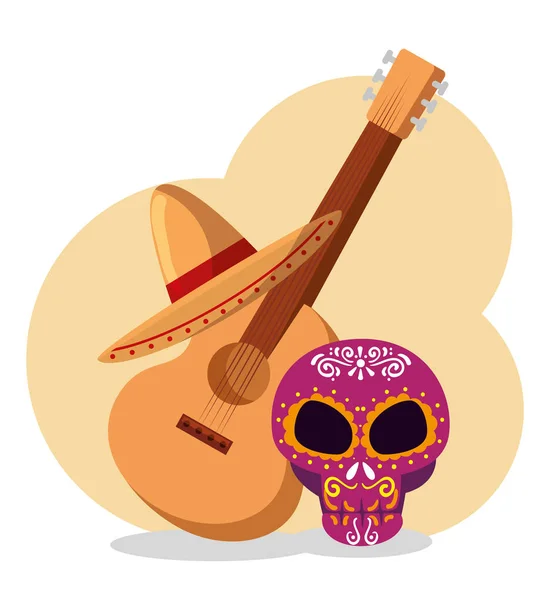 Crânio com guitarra e chapéu para o dia dos mortos — Vetor de Stock