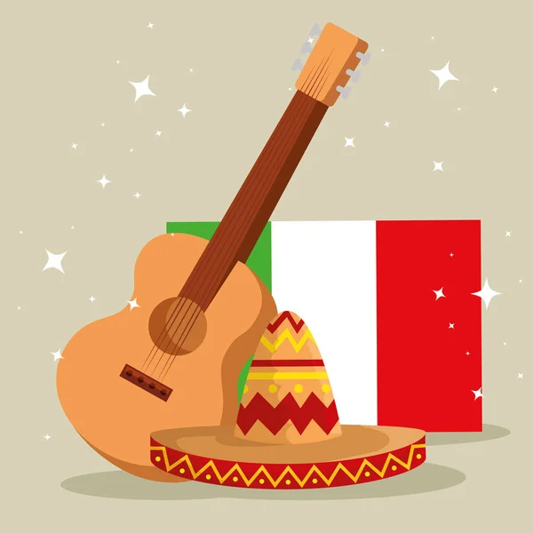 Mexikói zászló gitár és kalap-kulturális esemény — Stock Vector
