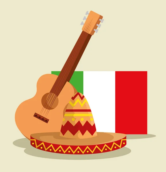 Mexikói zászló és a kalapját, hogy kultúra-gitár — Stock Vector