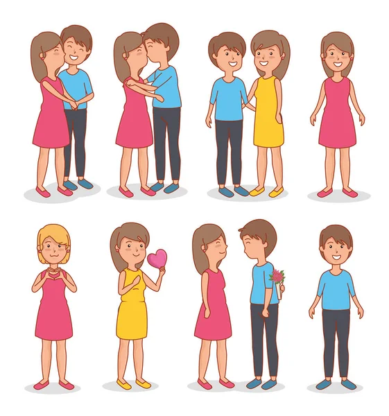 Set women and men couple romance to valentines day — Stock Vector