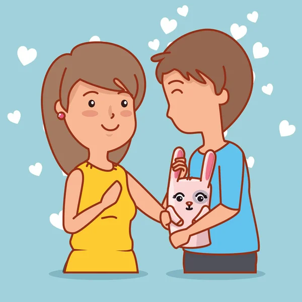 Mujer y hombre pareja con conejo para celebrar el día de San Valentín — Vector de stock