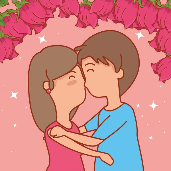 Mulher e homem casal beijo com rosas para dia dos namorados — Vetor de Stock