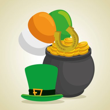 St patrick şapka ve kazanı sikke ve balonlar ile