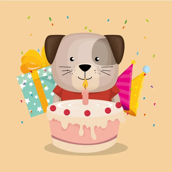 Schattig en kleine hondje met taart en cadeau — Stockvector