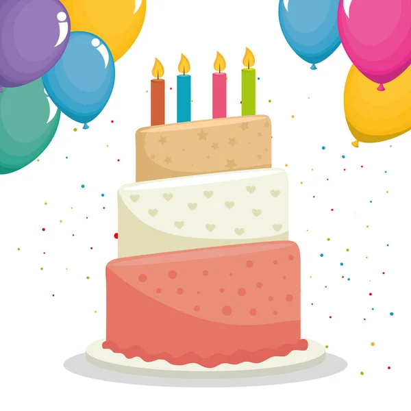 甘いケーキと風船ヘリウムの誕生日お祝い — ストックベクタ