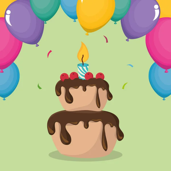 Sweet cake and balloons helium birthday celebration — Stock Vector