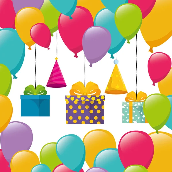 Célébration d'anniversaire avec cadeaux et ballons hélium — Image vectorielle