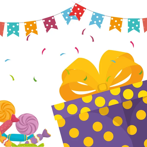 Celebración de cumpleaños con regalos y guirnaldas — Vector de stock