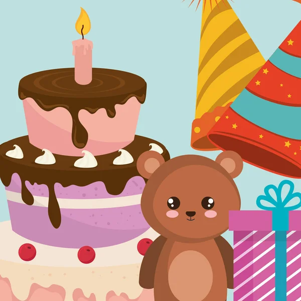 Söt och liten Björn teddy med tårta och present — Stock vektor
