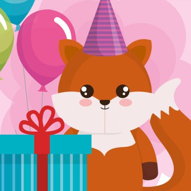 Balonlar helyum ve hediye ile şirin ve küçük tilki