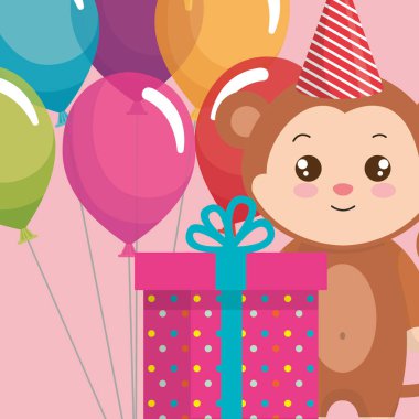 hediye ve balon ile şirin ve küçük maymun vektör çizim tasarım