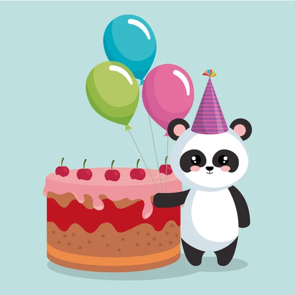 Lindo oso panda con delicioso pastel — Vector de stock