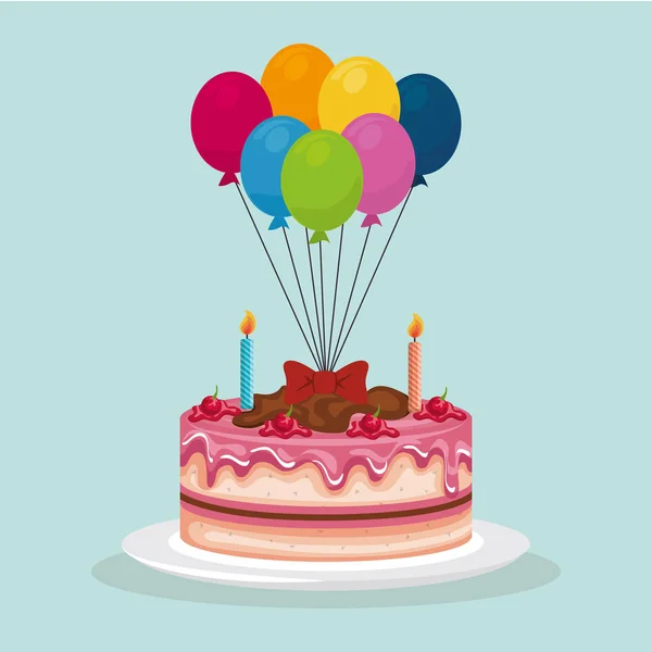 Delicioso pastel dulce y globos de helio cumpleaños — Archivo Imágenes Vectoriales