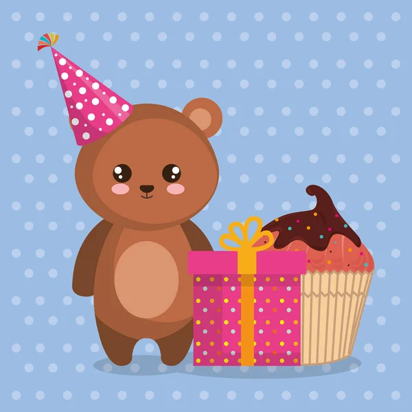 Ursinho bonito ursinho com presente e cupcake —  Vetores de Stock