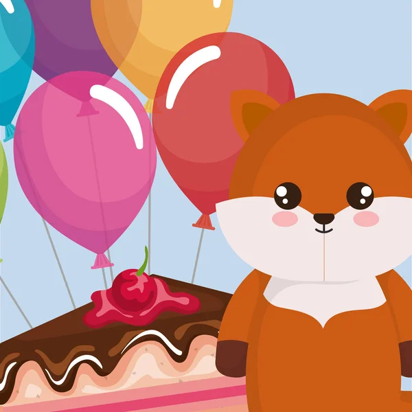 Schattig en kleine vos met ballonnen helium en Limburgse vlaai — Stockvector