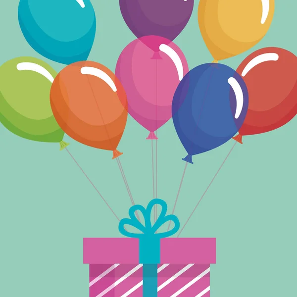 Presente de celebração de aniversário e balões de hélio —  Vetores de Stock