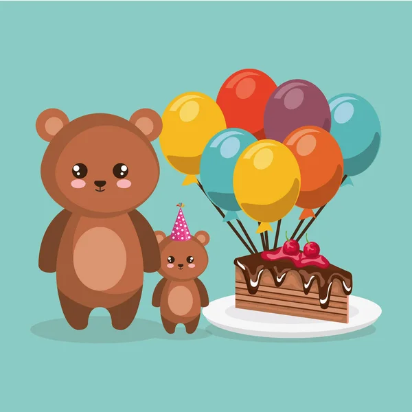 Ursinho bonito ursinho com balões de hélio e bolo —  Vetores de Stock