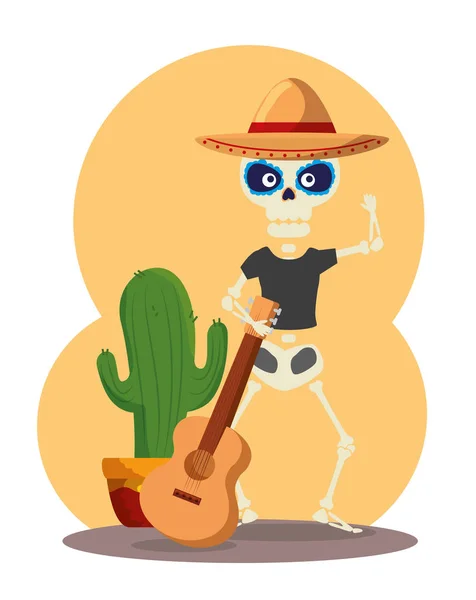 Esqueleto hombre usando sombrero con guitarra y planta de cactus — Vector de stock